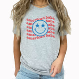 American Babe Graphic Tee | America | Patriotic | Stars | Smiley Face | July 4th | Independence Day