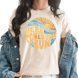Here Comes The Sun Graphic Tee | Retro Distressed | Summer | Waves | Ocean | Beach | Warm Weather | Layering Tee | Swimsuit Cover