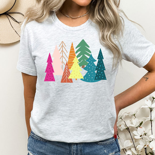Bright Merry Christmas Trees Graphic Tee | Colorful | Merry and Bright | Holiday Season | Forest | Unique | Layering Tee