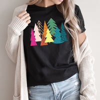 Bright Merry Christmas Trees Graphic Tee | Colorful | Merry and Bright | Holiday Season | Forest | Unique | Layering Tee
