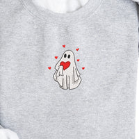 Valentine Red Heart Ghost Embroidered Sweatshirt | Comfy Fleece Lined | Valentines Day | Love | Valentine | Hearts | Pullover | Athletic Heather