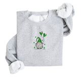 St Patrick's Day Gnome Holding Balloons Embroidered Sweatshirt | Fleece Lined Pullover | Leprechaun | Green | Shamrock | Stitched | Lucky | Four Leaf Clover