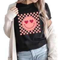 Checkered Valentines Smiley Graphic Tee | Trendy | Heart Eyes | Valentine |  Love | Galantine |  Pink | Checkered | Happy | Layering Tee