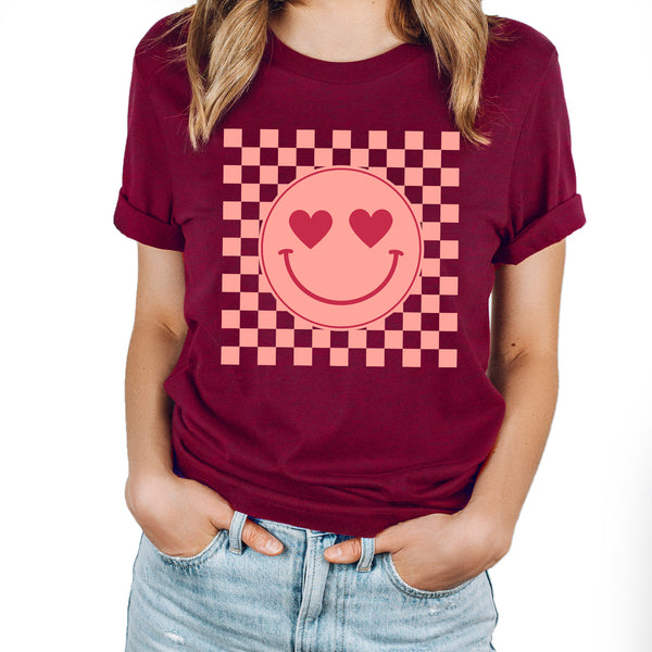 Checkered Valentines Smiley Graphic Tee | Trendy | Heart Eyes | Valentine |  Love | Galantine |  Pink | Checkered | Happy | Layering Tee