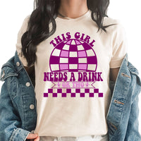 This Girl Needs A Drink Or Two Graphic Tee | Party | Disco Ball | Purple | Alcohol | Mardi Gras | Beads | New Orleans | Parades