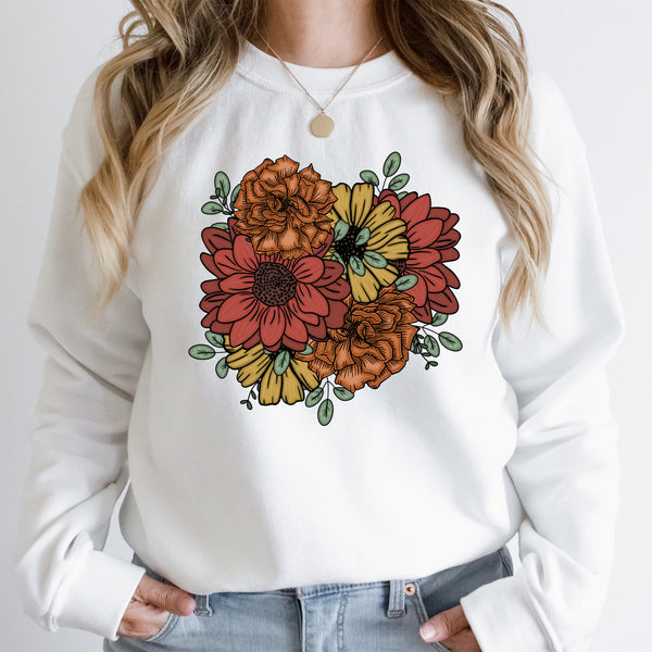 Boho Flower Bouquet Comfy Sweatshirt | Bold Statement Flowers | Fall | Warm Fleece Lined | Wildflower | Warm Colors | Floral Print