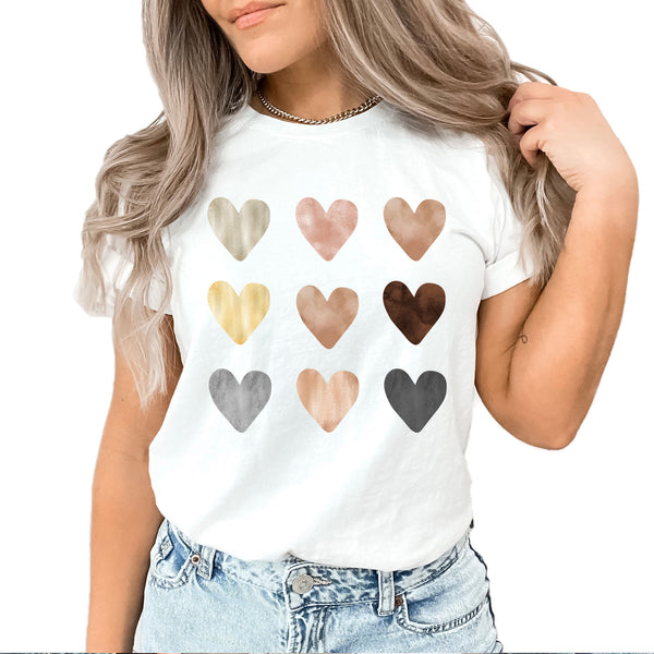Pastel Hearts Grid Graphic Tee | Love | Water Colors Print | Trendy Graphic | Laying Tee | Hearts | 9 Heart Grid