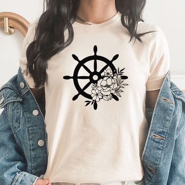 Floral Ship Wheel Graphic Tee | Ocean | Oh Ship | Cruise Time | Life Is Better | Cruise Ship