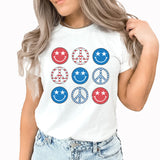 Smiley Peace Grid Graphic Tee | Smiley Face | Peace Sign | American | Independence Day | Patriotic | Stars