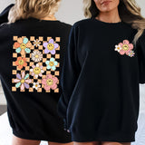Groovy Double Print Graphic Sweatshirt | Comfy | Retro | Flower Power | Checkered | Happy Vibes | Smiley | Fleece Lined