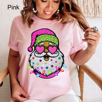 Sparkly Santa Graphic Tee | Faux Glitter Print | Bright Christmas | Glitter Santa | Pink Sparkle | Layering Tee | Holiday Sparkle | Merry And Bright