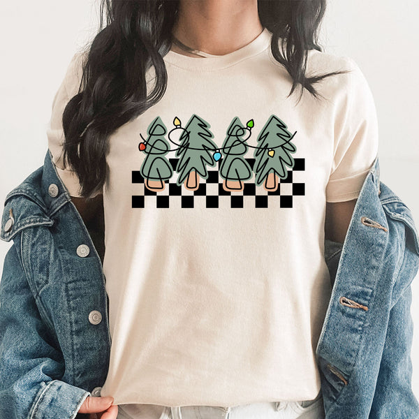 Checkered Tree Doodles Graphic Tee | Christmas Style | Christmas Lights | Doodle Trees | Holiday Season | Trendy | Layering Tee