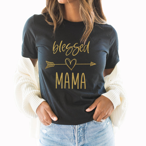 Blessed Mama Graphic Tee | Mom | Mother | Mother's Day Gift | Gold Print | Blessed | Heart | Arrow