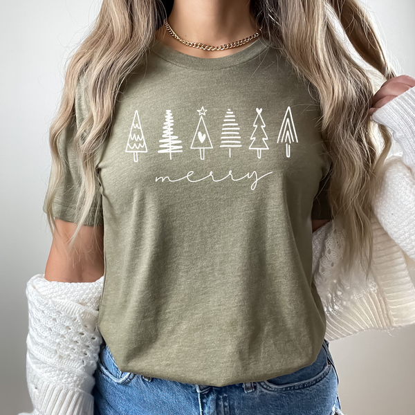 Merry Christmas Tree Doodles Graphic Tee | Merry | Christmas | Holiday Season | 6 Trees | Forest | Christmas Tree