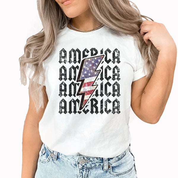 America Lightning Rock Graphic Tee | USA | Stars And Stripes | Vintage | Layering Tee | Retro | Rock N Roll | Patriotic